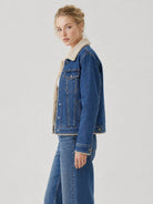YUCOLEN Women's Warm Sherpa Lined Denim Jacket with Fleece Collar and Pockets in Denim Blue