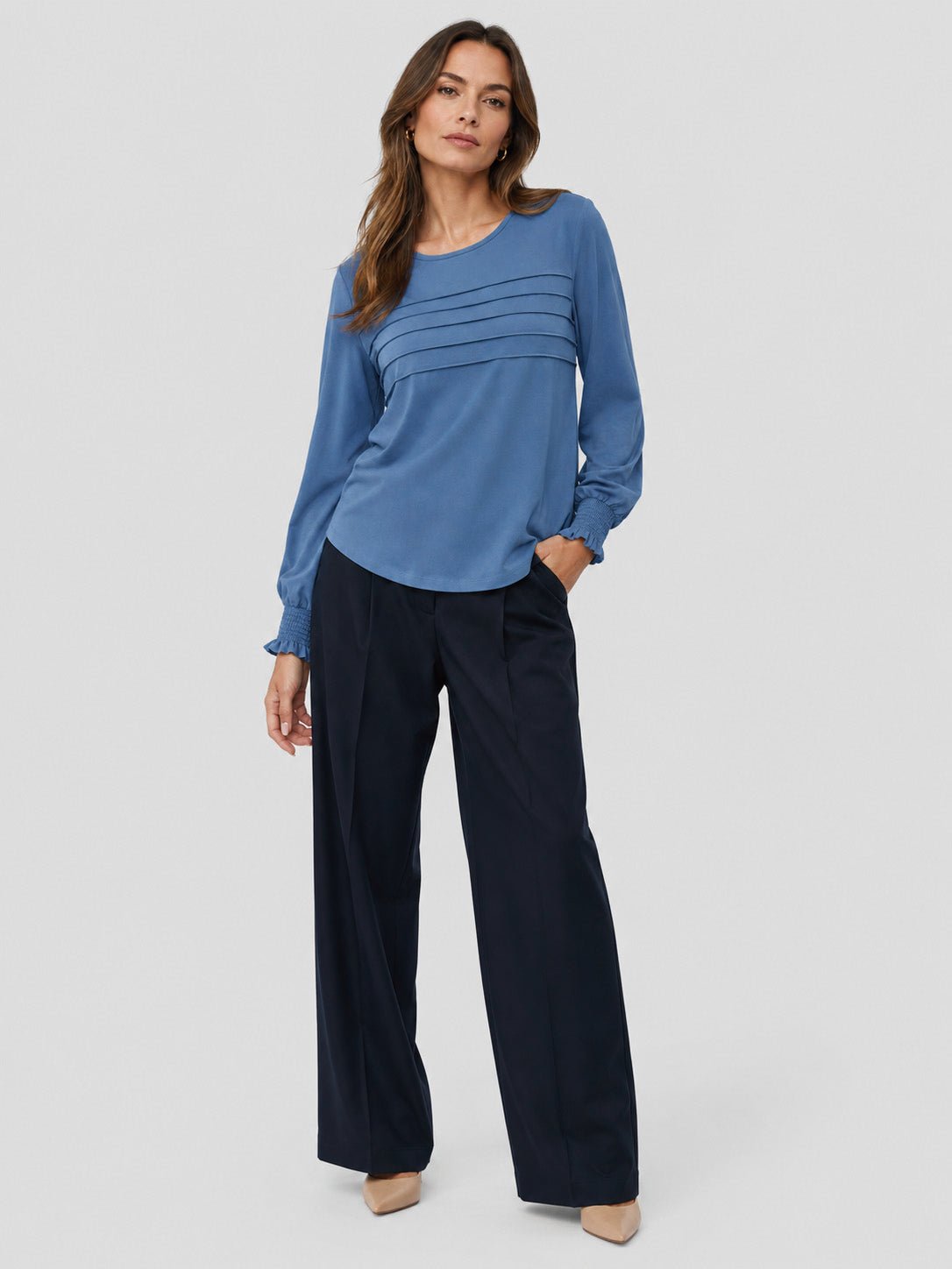YUCOLEN Women's Lantern Sleeve Pleated Blouse Soft Cotton Rayon Dressy Top in Dusty Blue