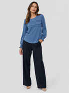 YUCOLEN Women's Lantern Sleeve Pleated Blouse Soft Cotton Rayon Dressy Top in Dusty Blue