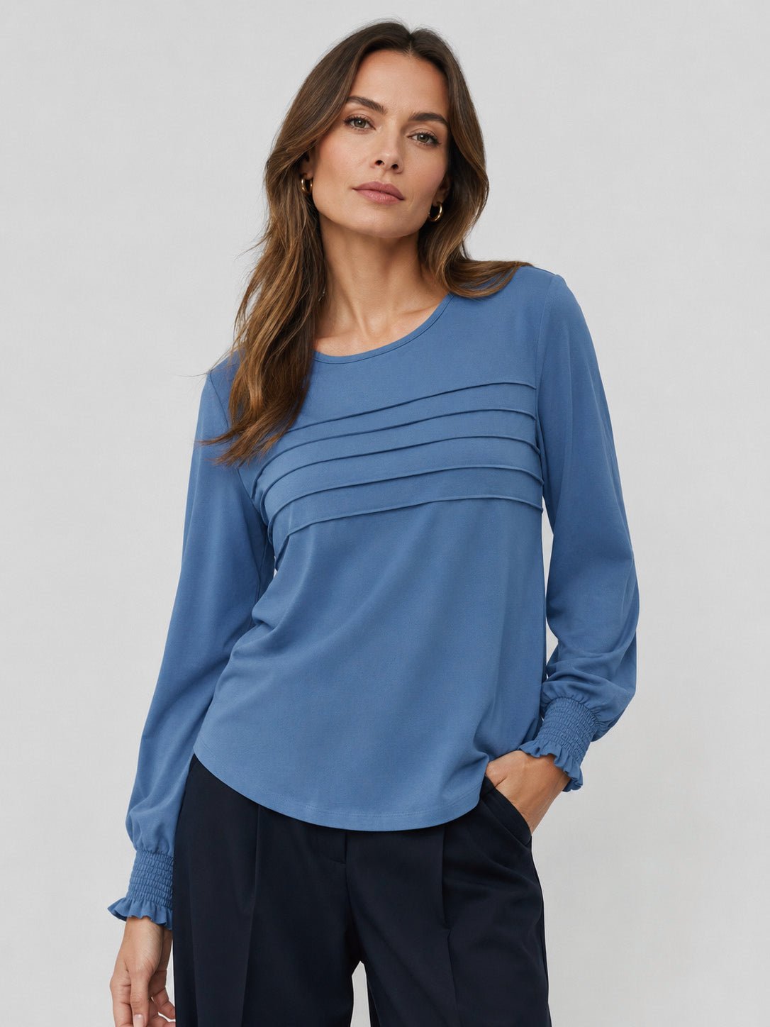 YUCOLEN Women's Lantern Sleeve Pleated Blouse Soft Cotton Rayon Dressy Top in Dusty Blue
