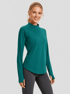 YUCOLEN Women's Thermal Fleece Lined Mock Neck Shirt with Thumb Holes in Emerald Green