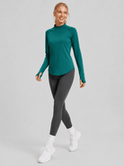 YUCOLEN Women's Thermal Fleece Lined Mock Neck Shirt with Thumb Holes in Emerald Green
