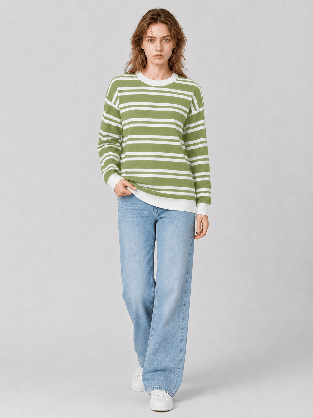 YUCOLEN Women's Striped Crewneck Sweater Soft Knit Casual Loose Fit Pullover for Fall Winter in Grass