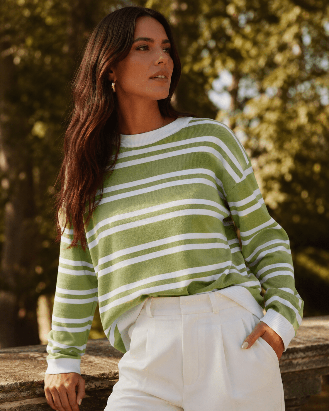 YUCOLEN Women's Striped Crewneck Sweater Soft Knit Casual Loose Fit Pullover for Fall Winter in Grass