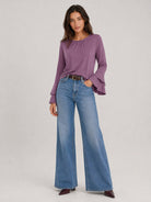 YUCOLEN Women's Double Ruffle Bell Sleeve Dressy Casual Tunic Blouse in Gray Purple