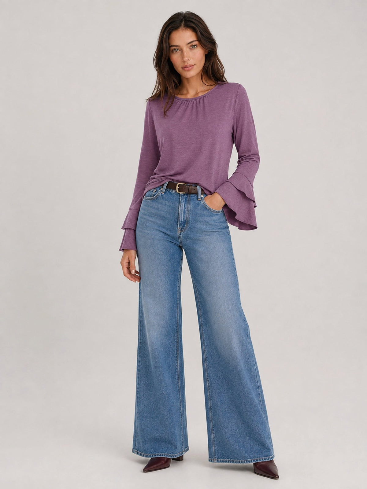 YUCOLEN Women's Double Ruffle Bell Sleeve Dressy Casual Tunic Blouse in Gray Purple