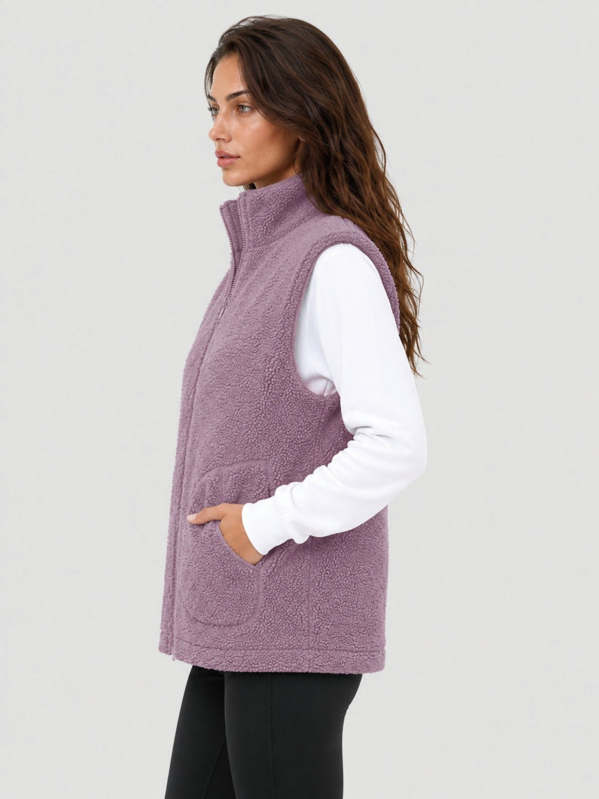 YUCOLEN Women's Sherpa Fleece Vest Fuzzy Zip Up Sleeveless Jacket with 4 Pockets in Gray Purple