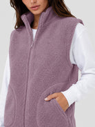 YUCOLEN Women's Sherpa Fleece Vest Fuzzy Zip Up Sleeveless Jacket with 4 Pockets in Gray Purple
