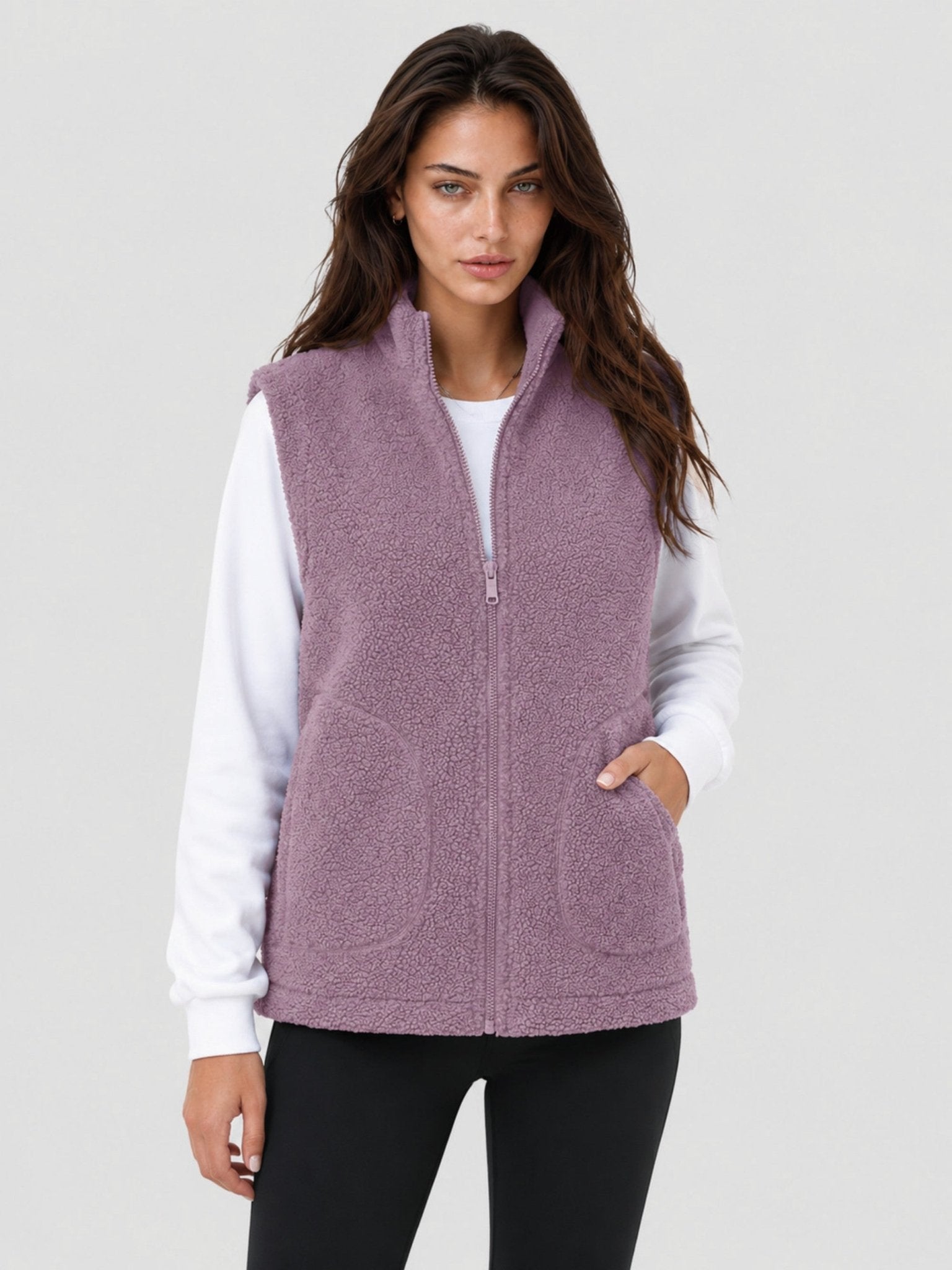YUCOLEN Women's Sherpa Fleece Vest Fuzzy Zip Up Sleeveless Jacket with 4 Pockets in Gray Purple