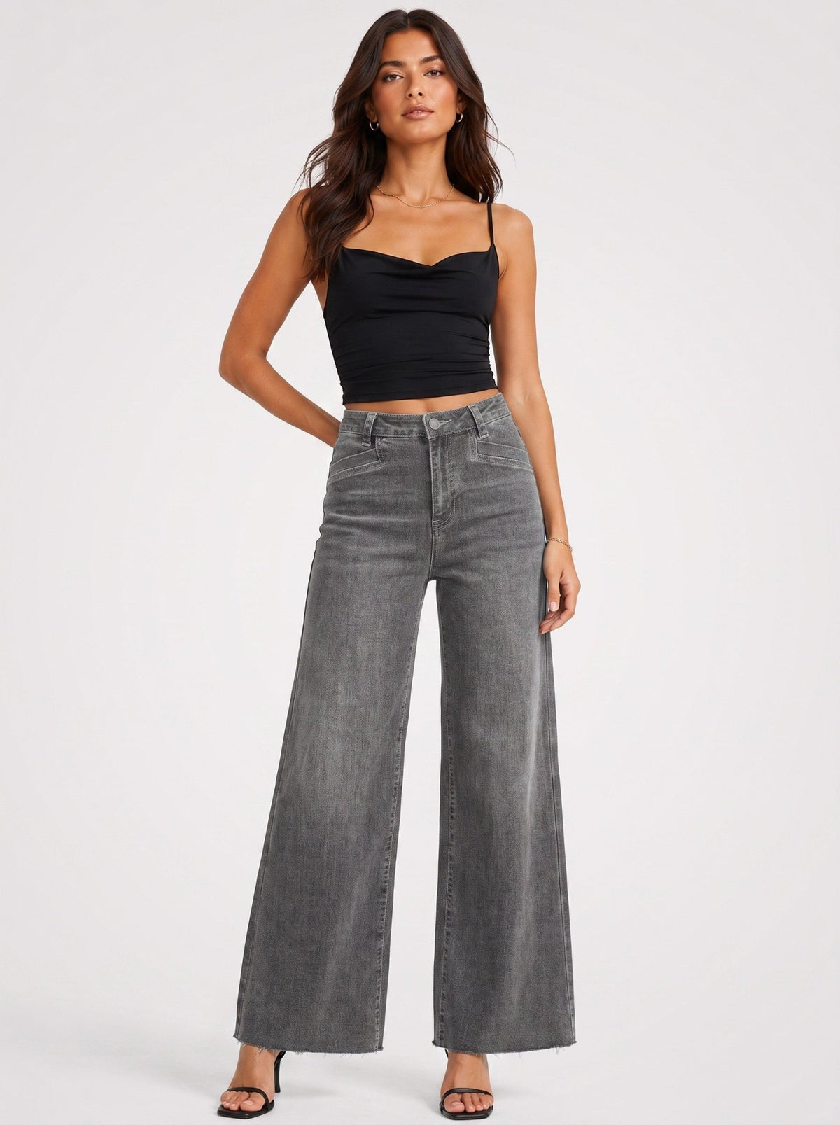 YUCOLEN Women's High Waisted Wide Leg Jeans Stretchy Vintage Loose Denim Pants in Gray