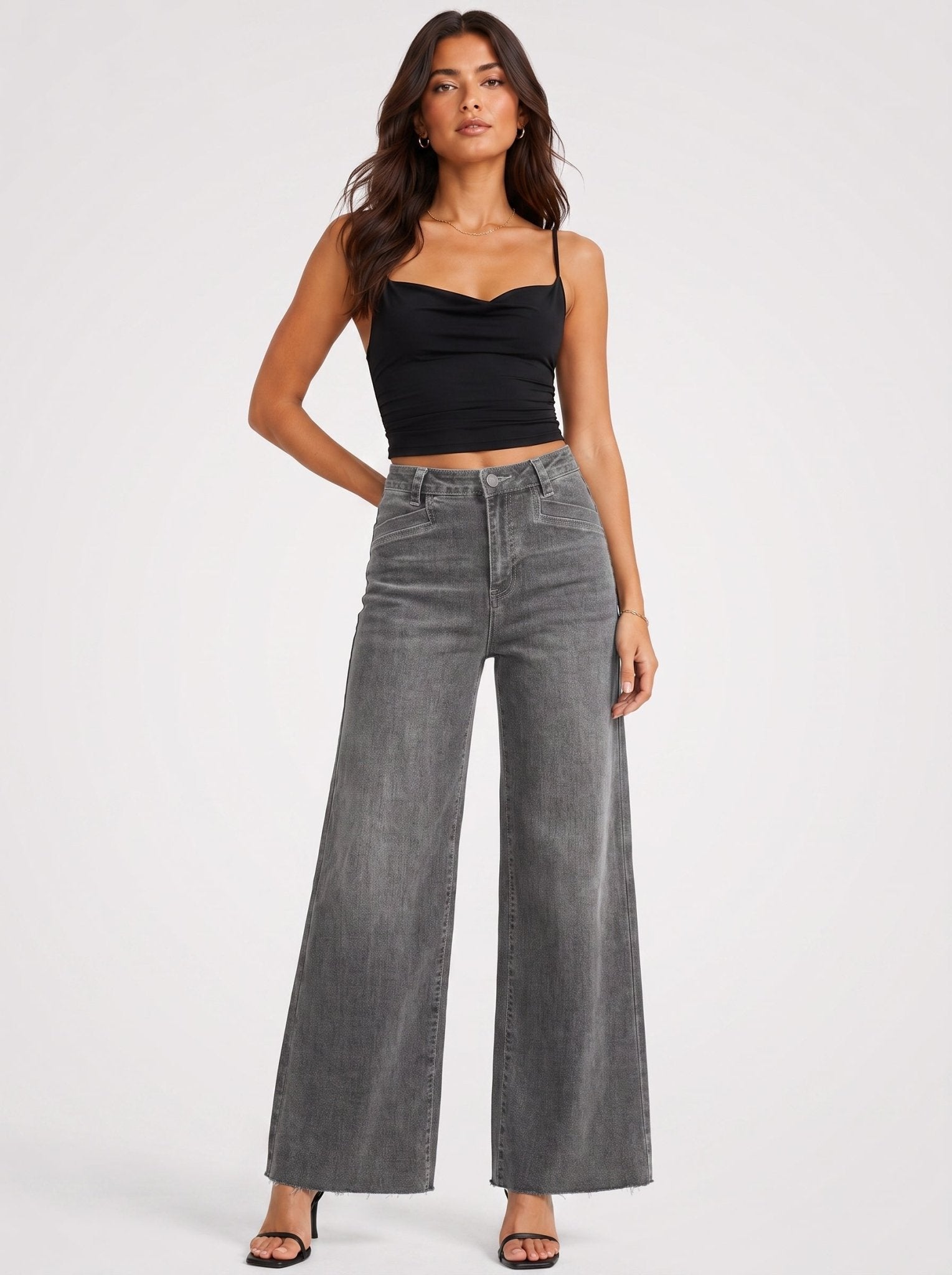 YUCOLEN Women's High Waisted Wide Leg Jeans Stretchy Vintage Loose Denim Pants in Gray