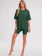 YUCOLEN Women's 2 Piece Oversized Lounge Set Matching Shorts and Tee Summer Casual Travel Athleisure Outfit in Green