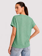 YUCOLEN Women's Oversized Ribbed Knit Short Sleeve T-Shirt Loose Batwing Casual Top in Green