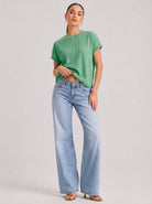 YUCOLEN Women's Oversized Ribbed Knit Short Sleeve T-Shirt Loose Batwing Casual Top in Green