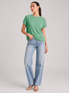 YUCOLEN Women's Oversized Ribbed Knit Short Sleeve T-Shirt Loose Batwing Casual Top in Green