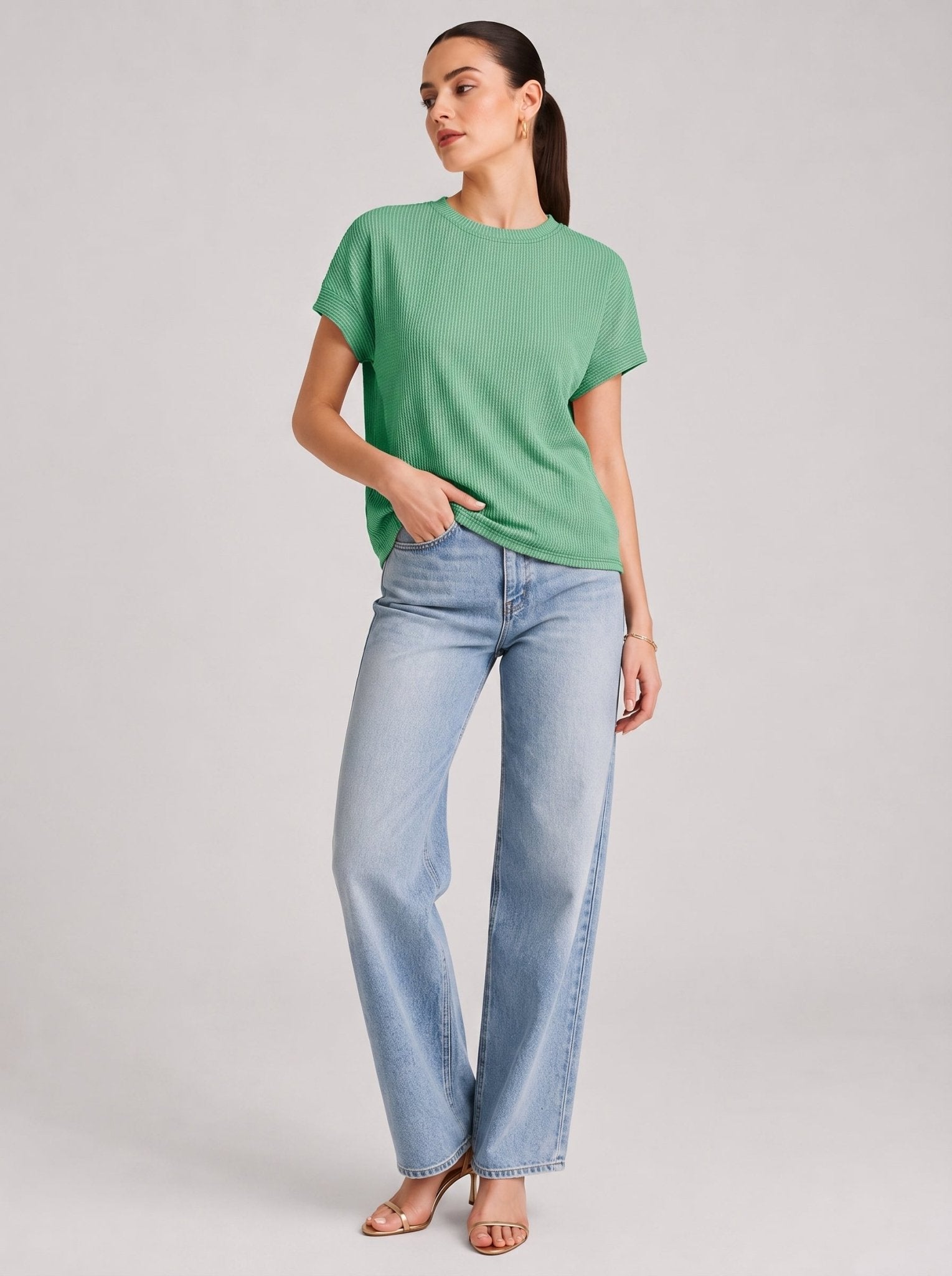 YUCOLEN Women's Oversized Ribbed Knit Short Sleeve T-Shirt Loose Batwing Casual Top in Green