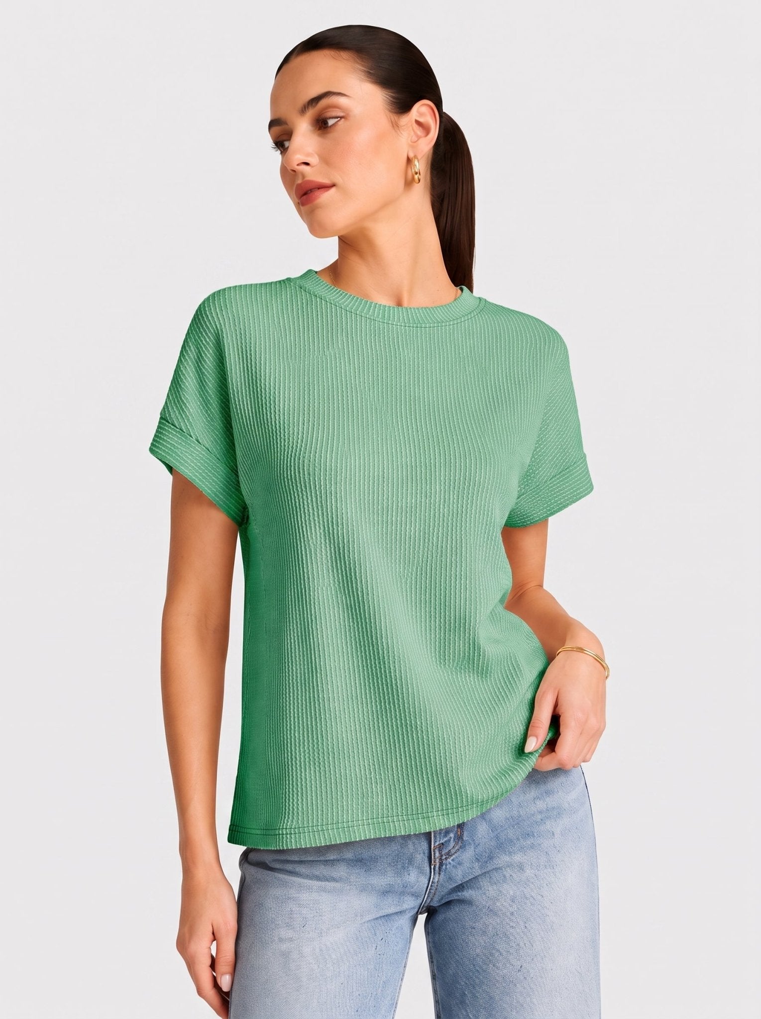 YUCOLEN Women's Oversized Ribbed Knit Short Sleeve T-Shirt Loose Batwing Casual Top in Green