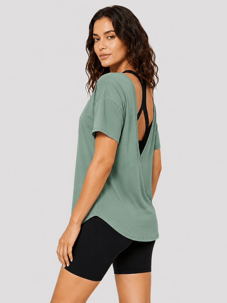 YUCOLEN Women's Reversible Workout Tee Open Back Loose Fit Athletic Shirt in Green