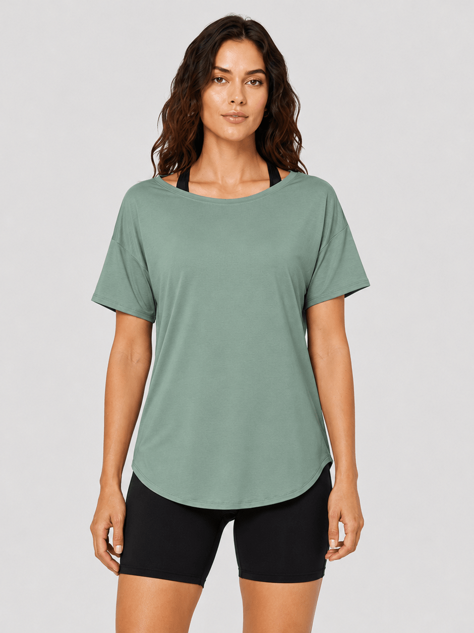 YUCOLEN Women's Reversible Workout Tee Open Back Loose Fit Athletic Shirt in Green