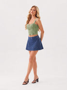 YUCOLEN Women's Square Neck Denim Look Tank Top with Built-in Bra Slim Fit Crop Workout Top in Green