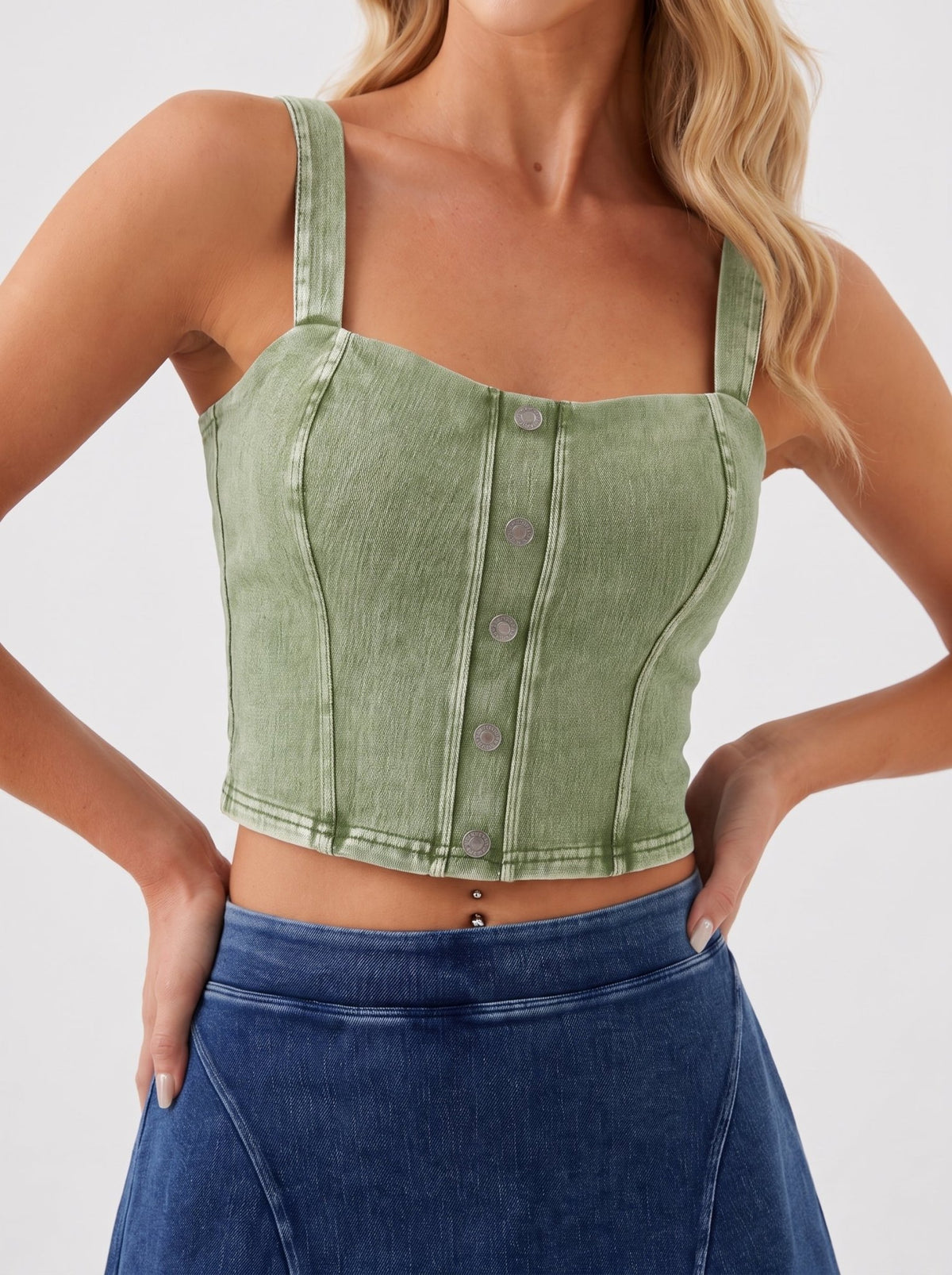 YUCOLEN Women's Square Neck Denim Look Tank Top with Built-in Bra Slim Fit Crop Workout Top in Green