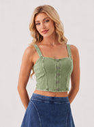 YUCOLEN Women's Square Neck Denim Look Tank Top with Built-in Bra Slim Fit Crop Workout Top in Green