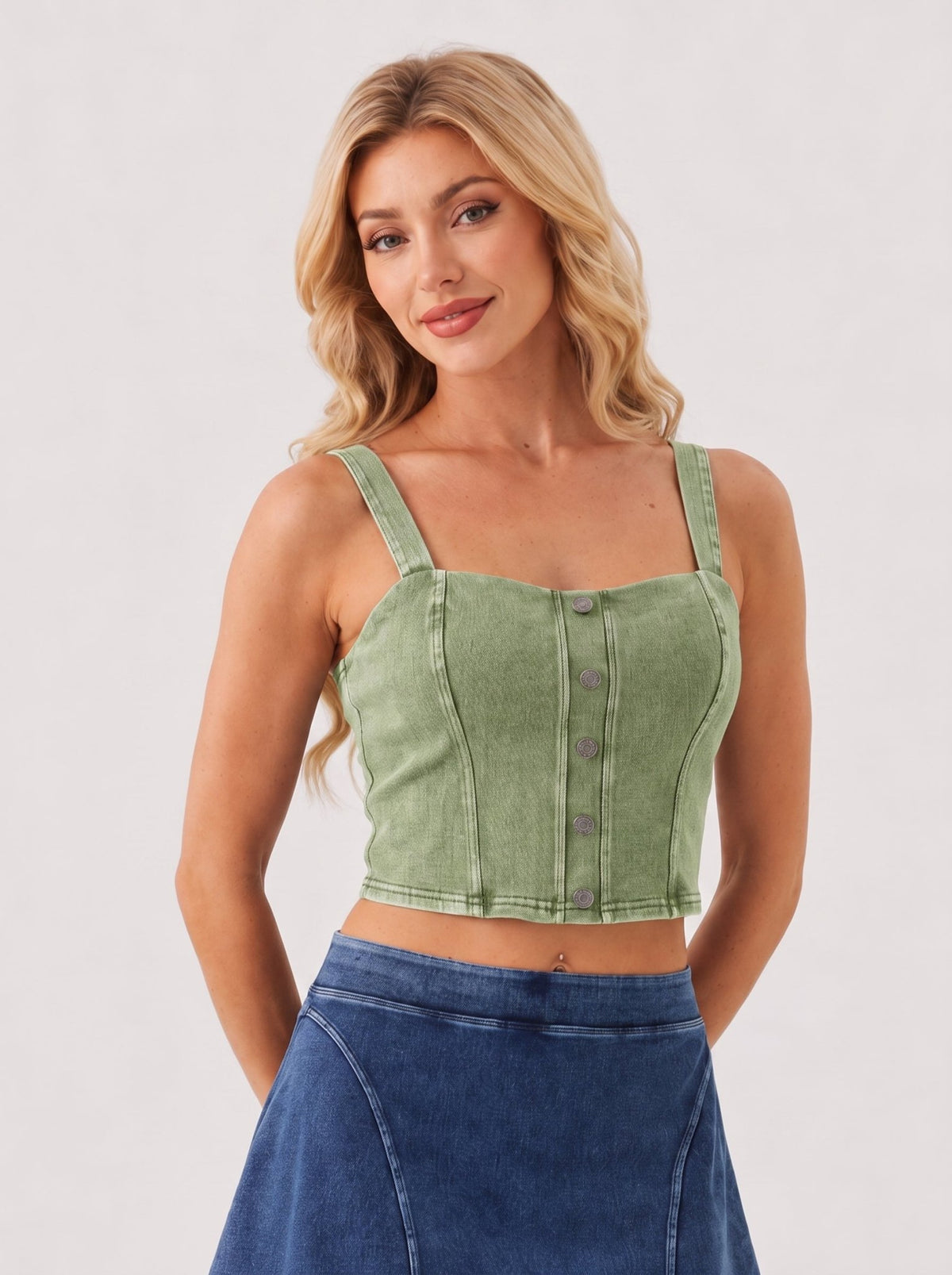 YUCOLEN Women's Square Neck Denim Look Tank Top with Built-in Bra Slim Fit Crop Workout Top in Green