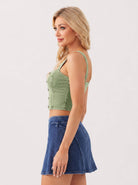 YUCOLEN Women's Square Neck Denim Look Tank Top with Built-in Bra Slim Fit Crop Workout Top in Green