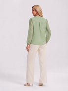 YUCOLEN Women's V Neck Chiffon Blouse with Lace Puff Sleeves Dressy Casual Work Tops in Green