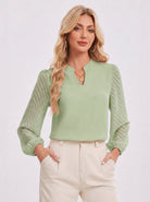 YUCOLEN Women's V Neck Chiffon Blouse with Lace Puff Sleeves Dressy Casual Work Tops in Green