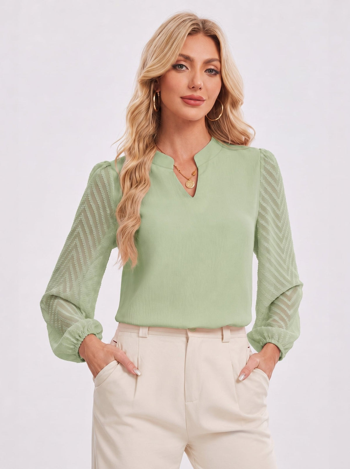 YUCOLEN Women's V Neck Chiffon Blouse with Lace Puff Sleeves Dressy Casual Work Tops in Green