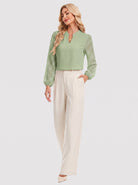 YUCOLEN Women's V Neck Chiffon Blouse with Lace Puff Sleeves Dressy Casual Work Tops in Green