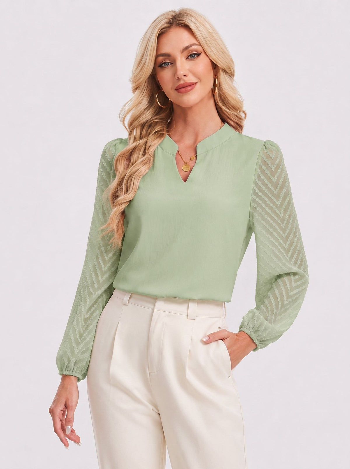 YUCOLEN Women's V Neck Chiffon Blouse with Lace Puff Sleeves Dressy Casual Work Tops in Green