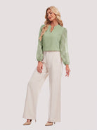 YUCOLEN Women's V Neck Chiffon Blouse with Lace Puff Sleeves Dressy Casual Work Tops in Green