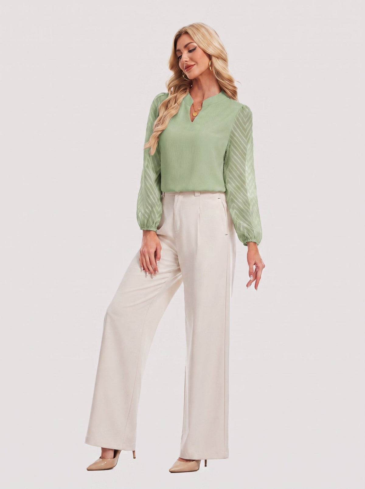 YUCOLEN Women's V Neck Chiffon Blouse with Lace Puff Sleeves Dressy Casual Work Tops in Green