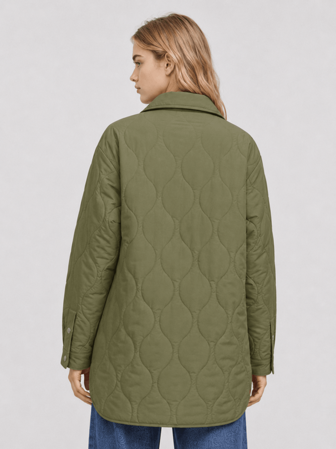 YUCOLEN Women's Water Ripple Quilted Shacket Lightweight Button Down Coat with Pockets in Green