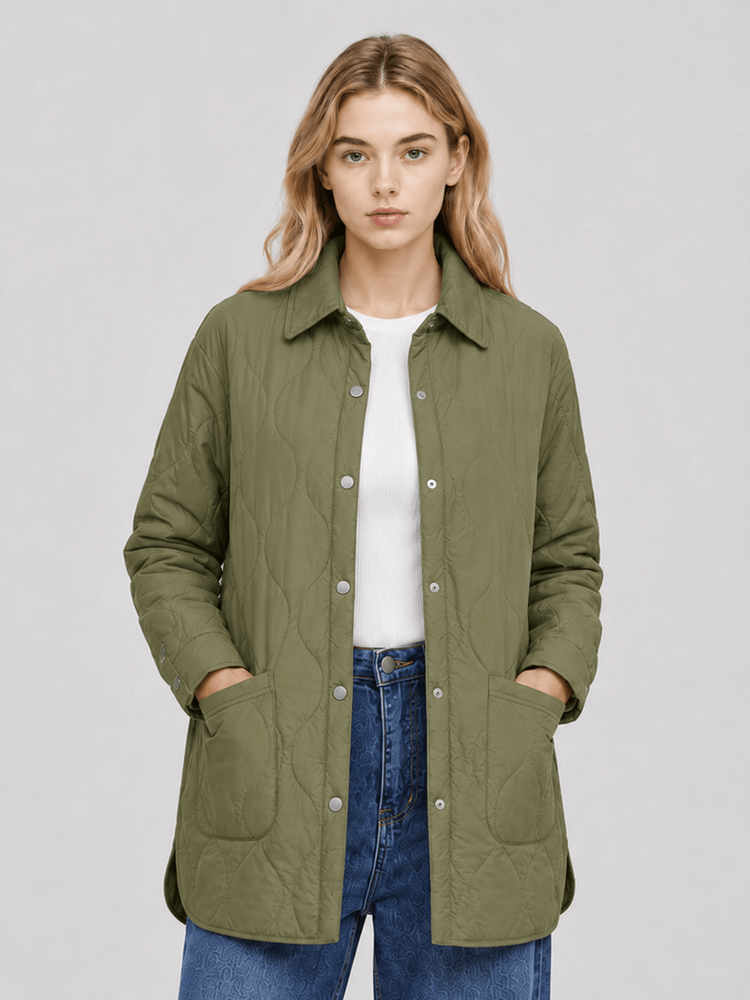 YUCOLEN Women's Water Ripple Quilted Shacket Lightweight Button Down Coat with Pockets in Green