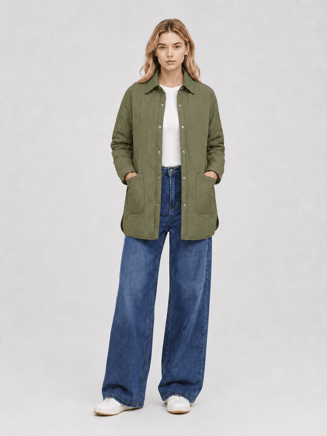 YUCOLEN Women's Water Ripple Quilted Shacket Lightweight Button Down Coat with Pockets in Green