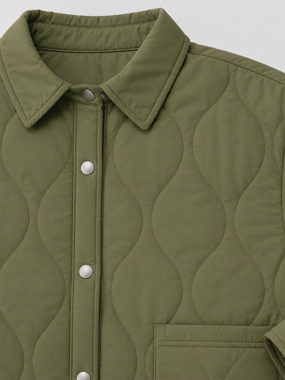 YUCOLEN Women's Water Ripple Quilted Shacket Lightweight Button Down Coat with Pockets in Green