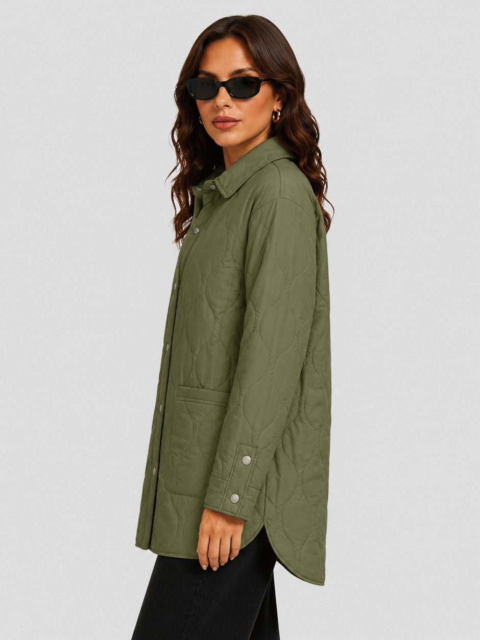 YUCOLEN Women's Water Ripple Quilted Shacket Lightweight Button Down Coat with Pockets in Green