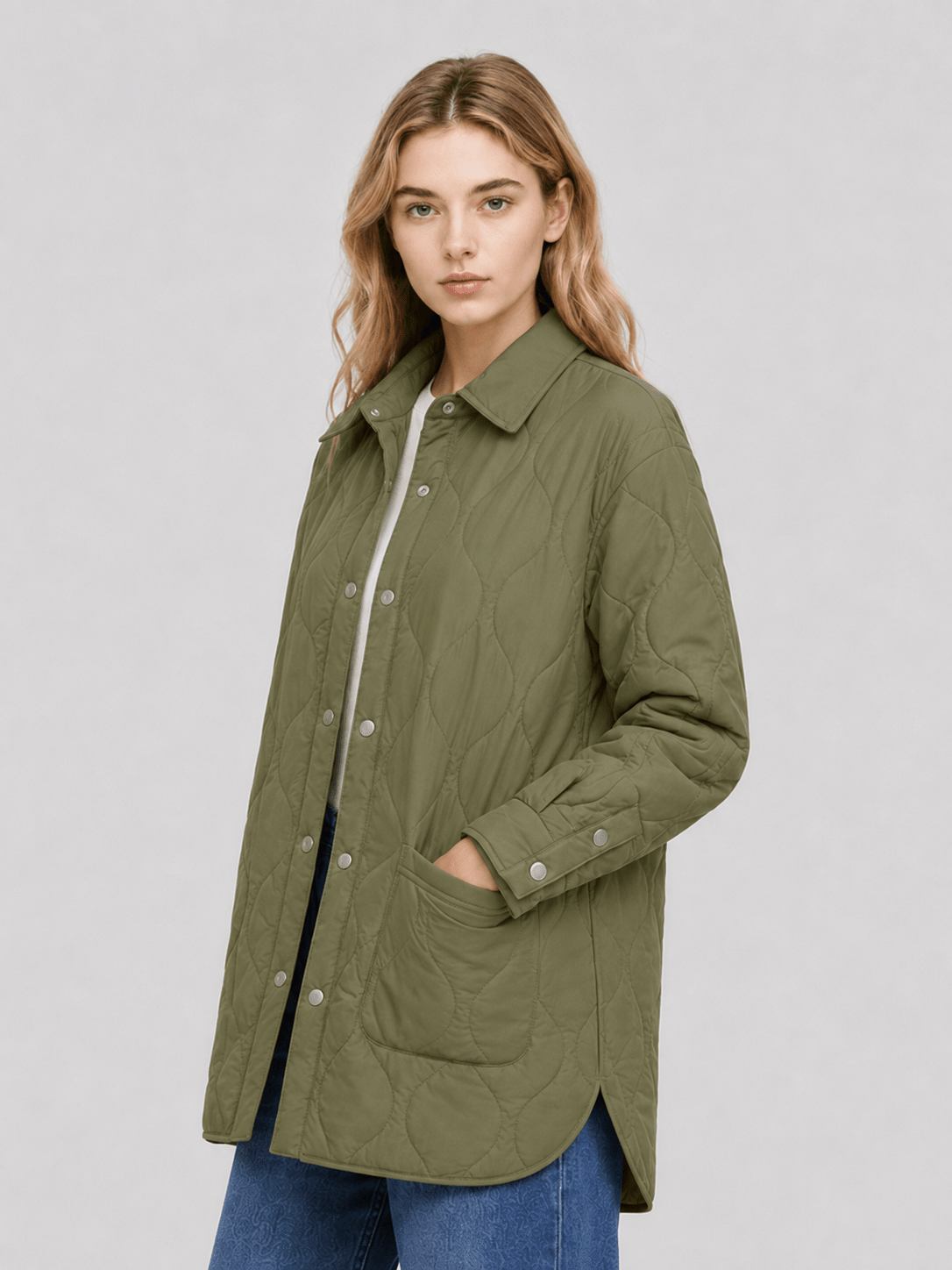 YUCOLEN Women's Water Ripple Quilted Shacket Lightweight Button Down Coat with Pockets in Green