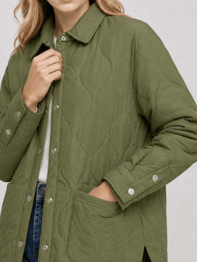 YUCOLEN Women's Water Ripple Quilted Shacket Lightweight Button Down Coat with Pockets in Green