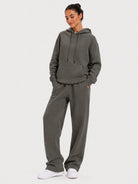 YUCOLEN Unisex Oversized Cotton Fleece Hoodie with Kangaroo Pocket in Grey brown