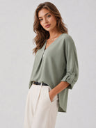 YUCOLEN Women's Lightweight V-Neck Flowy Blouse with 3/4 Flutter Sleeves in Grey Green