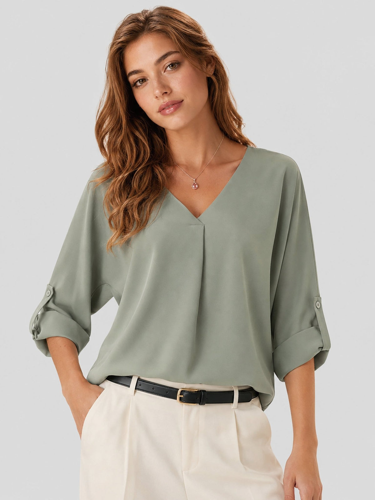 YUCOLEN Women's Lightweight V-Neck Flowy Blouse with 3/4 Flutter Sleeves in Grey Green