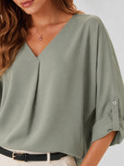 YUCOLEN Women's Lightweight V-Neck Flowy Blouse with 3/4 Flutter Sleeves in Grey Green