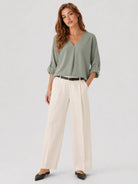 YUCOLEN Women's Lightweight V-Neck Flowy Blouse with 3/4 Flutter Sleeves in Grey Green