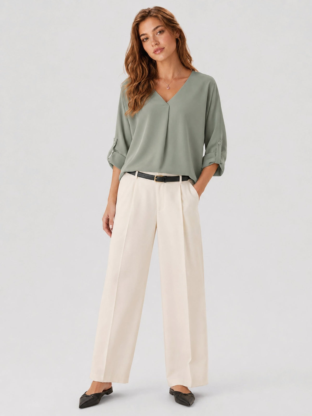 YUCOLEN Women's Lightweight V-Neck Flowy Blouse with 3/4 Flutter Sleeves in Grey Green