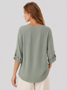 YUCOLEN Women's Lightweight V-Neck Flowy Blouse with 3/4 Flutter Sleeves in Grey Green