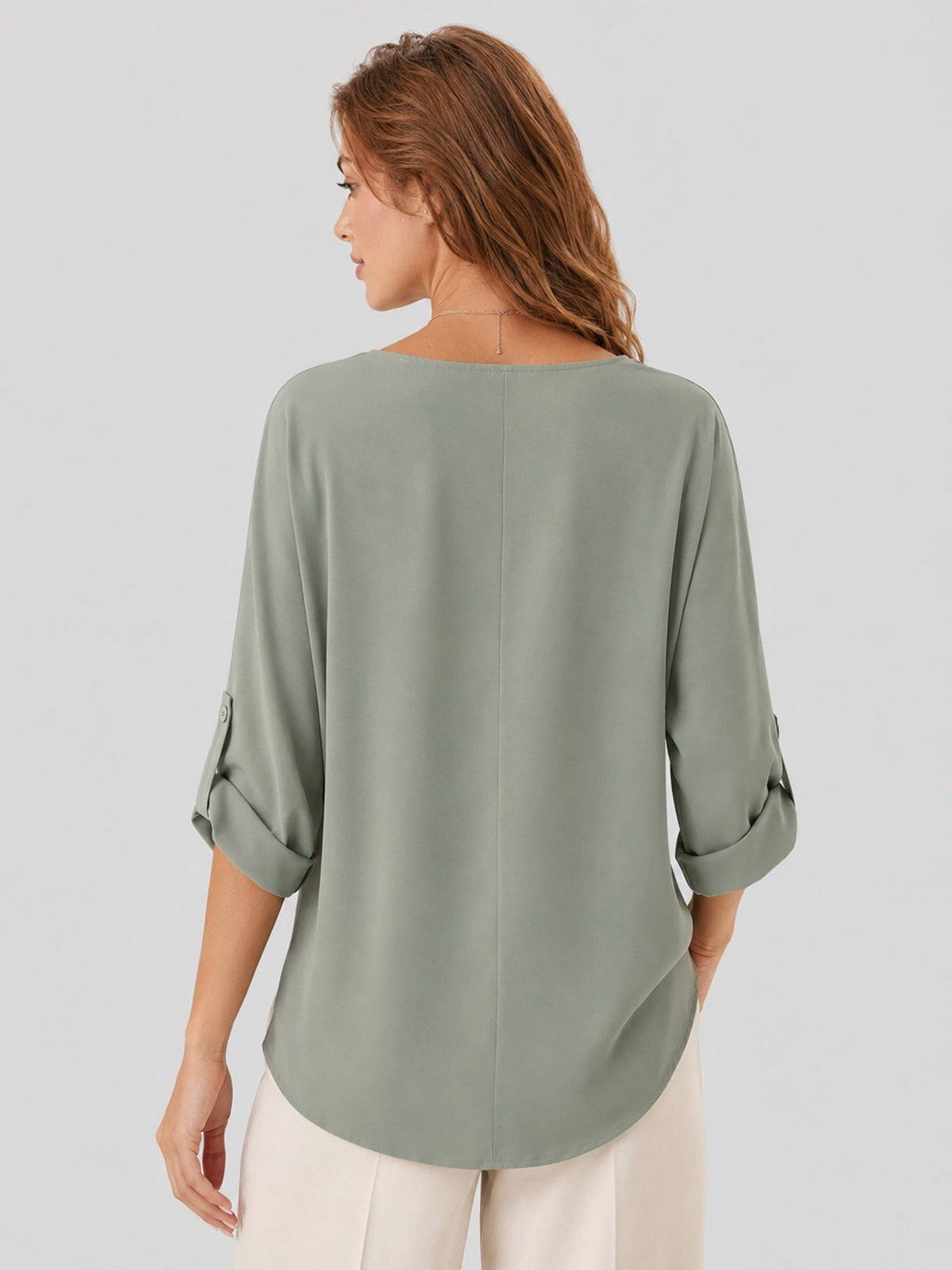 YUCOLEN Women's Lightweight V-Neck Flowy Blouse with 3/4 Flutter Sleeves in Grey Green